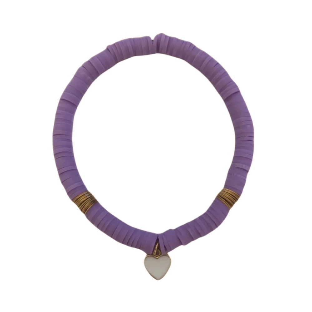 White Heart Charm & Lavender Clay Disc Bracelet